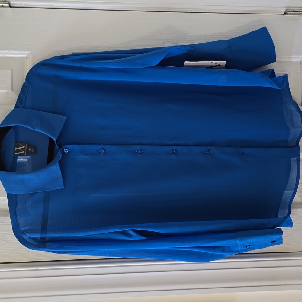 WORTHINGTON WOMENS FRONT BUTTON LONG SLEEVE BLUE BLOUSE SIZE PETITE MEDIUM